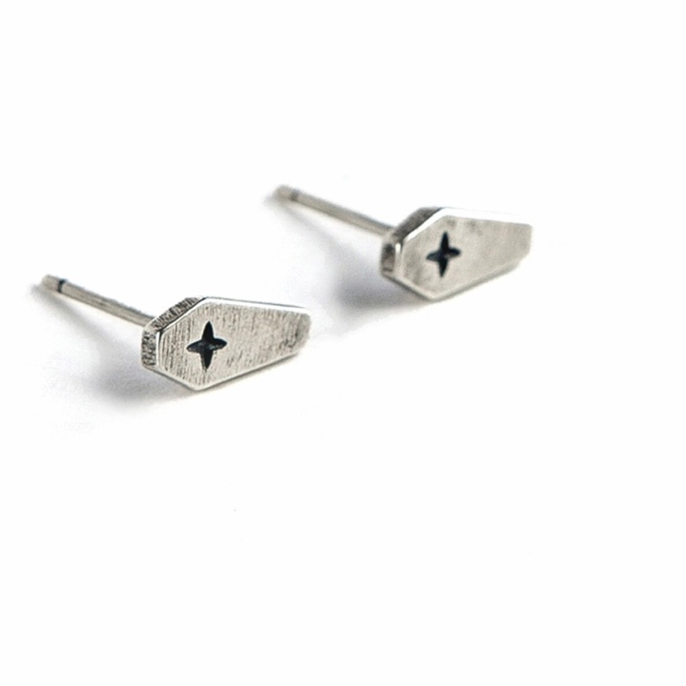 Single Accent 925 Sterling Silver Creative Retro Death Cross Coffin Stud Earring - Picture 5 of 6